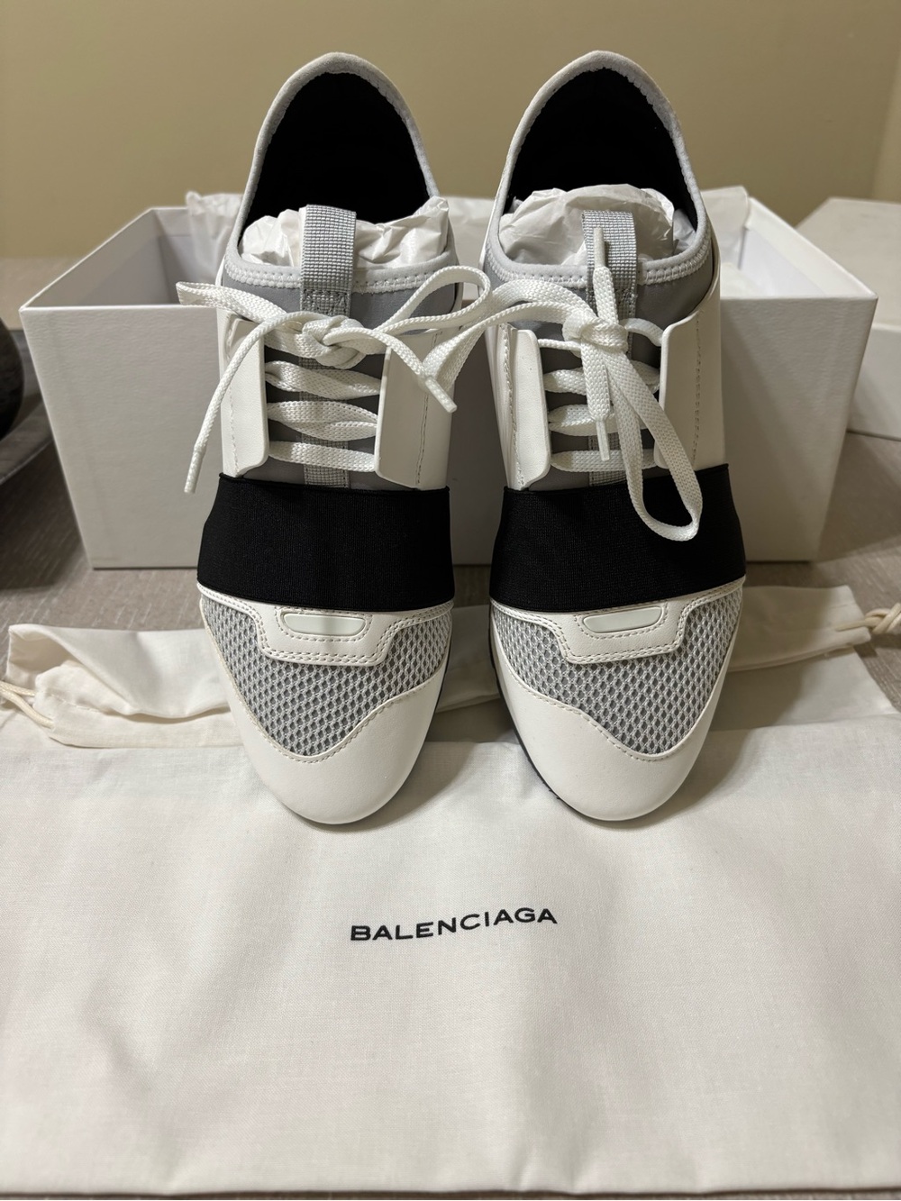 Balenciaga Men’s White, Gray and Black Slip-On Lace Sneakers